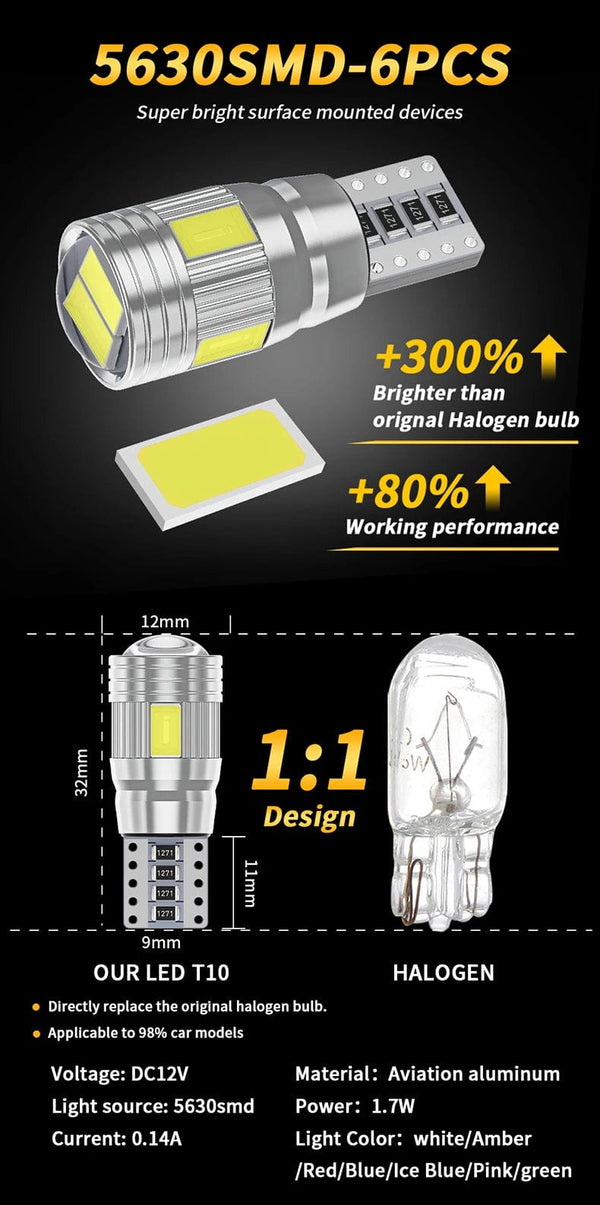 Planet Gates Blue 2pcs T10 W5W LED Bulb Canbus No error 12V 6000K 5630 6SMD Auto Claerance Wedge Side Reverse Lamps Turn Singal Light White Amber