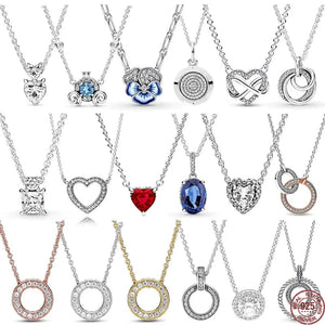 Planet Gates Blue / 45cm Classic 925 sterling silver shiny round hearts square pendant necklace fit original Pandora pendant DIY couple jewelry gifts