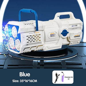 Planet Gates Blue 60 Holes Bubble Gun LED Light Electric Automatic Rocket Soap Bubble Machine Toys for Kids Outdoor Wedding Party Children's Gifts