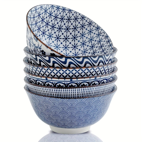 Planet Gates Blue And White / Ceramic 6pcs Vintage Blue And White Ceramic Bowls - 24 Ounces, 15.24 Cm Ceramic Soup Bowls, Suitable For Rice, Salad, Snacks, Dishwasher And Microwave Safe, Tableware