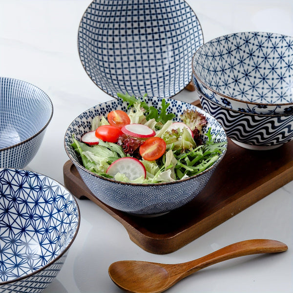 Planet Gates Blue And White / Ceramic 6pcs Vintage Blue And White Ceramic Bowls - 24 Ounces, 15.24 Cm Ceramic Soup Bowls, Suitable For Rice, Salad, Snacks, Dishwasher And Microwave Safe, Tableware