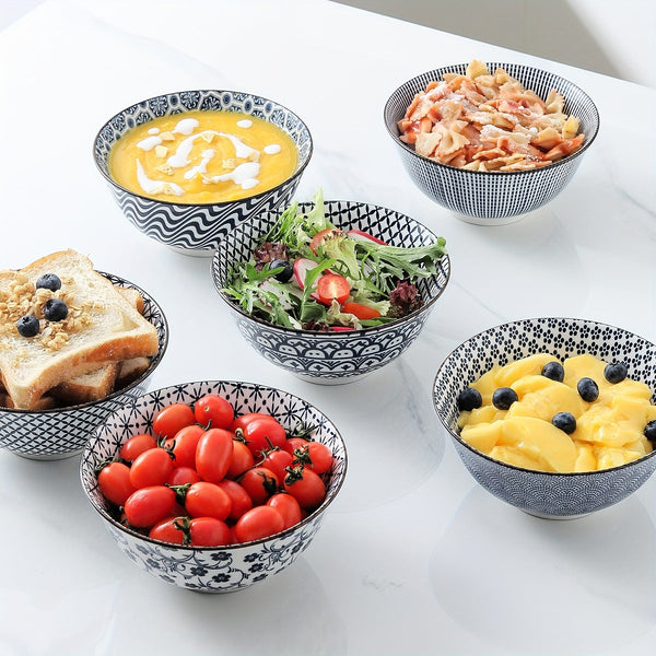 Planet Gates Blue And White / Ceramic 6pcs Vintage Blue And White Ceramic Bowls - 24 Ounces, 15.24 Cm Ceramic Soup Bowls, Suitable For Rice, Salad, Snacks, Dishwasher And Microwave Safe, Tableware