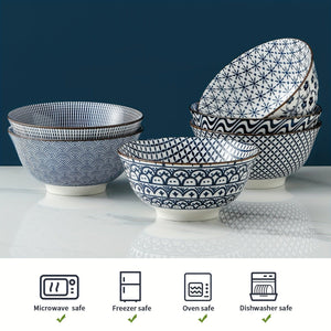 Planet Gates Blue And White / Ceramic 6pcs Vintage Blue And White Ceramic Bowls - 24 Ounces, 15.24 Cm Ceramic Soup Bowls, Suitable For Rice, Salad, Snacks, Dishwasher And Microwave Safe, Tableware