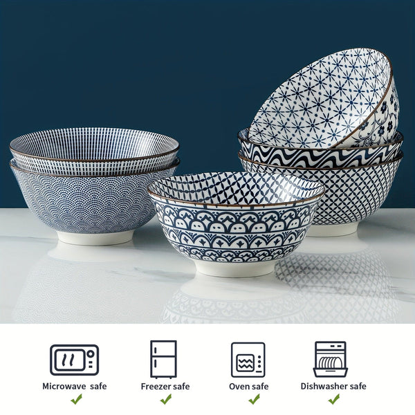 Planet Gates Blue And White / Ceramic 6pcs Vintage Blue And White Ceramic Bowls - 24 Ounces, 15.24 Cm Ceramic Soup Bowls, Suitable For Rice, Salad, Snacks, Dishwasher And Microwave Safe, Tableware
