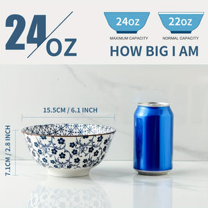 Planet Gates Blue And White / Ceramic 6pcs Vintage Blue And White Ceramic Bowls - 24 Ounces, 15.24 Cm Ceramic Soup Bowls, Suitable For Rice, Salad, Snacks, Dishwasher And Microwave Safe, Tableware