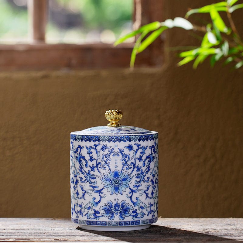 Planet Gates Blue And White Tea Can With Blessing Characters 1pc Vintage Blue And White Porcelain Storage Jar With Enamel Color, Ceramic Sealed Tea Canister, Tea Caddy, Table Ornaments, Tea Accessories