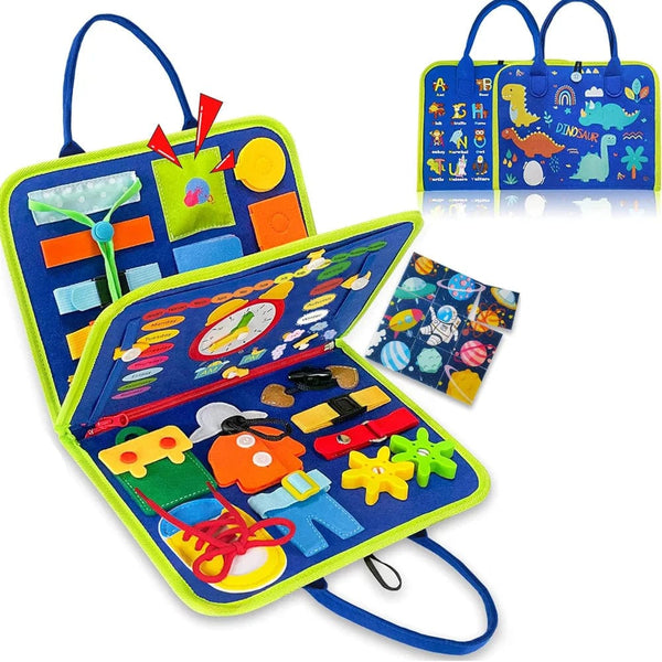 Planet Gates Blue-B Toddler Busy Board Montessori Toys Learning Educational Activities Travel Toy Dinosaur Dress up  Sensory Life Skill Backpack