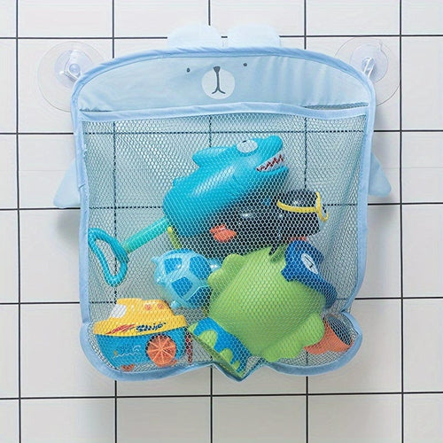 Planet Gates Blue-bear 1pc Bathroom Storage Bag With Suction Cups For Bath Toys, Household Sundries Organize Mesh Bag, Wall-mounted Grid Bag For Toy Storage, Dirty Clothes Storage And Toiletries Bag, Bathroom Organizer, Bathroom Accessories
