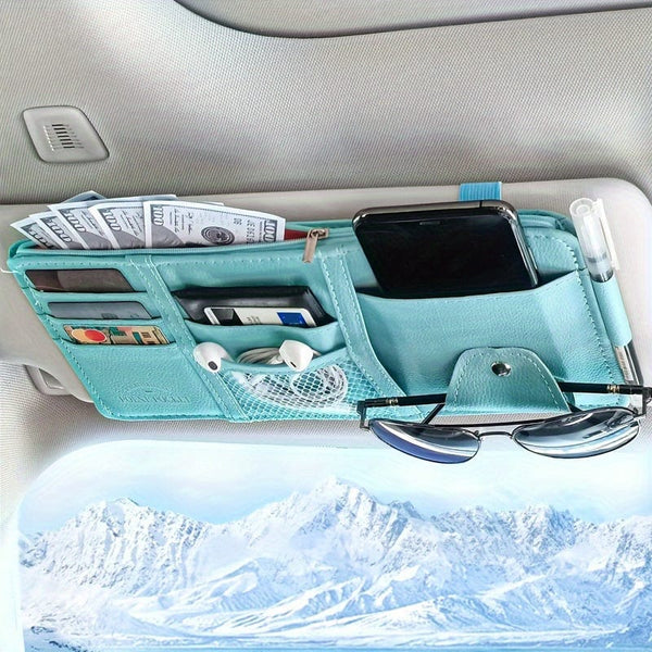 Planet Gates Blue Car Sun Visor Organizer, Multifunctional Storage Bag Car Glasses Clip Storage Bag Sunglasses Holder With Zipper Pouch Car Interior Accessories