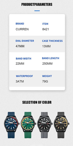 Planet Gates blue CURREN Fashion Men Watch Top Brand Luxury Waterproof Sport Mens Watches Silicone Automatic Date Military Wristwatch