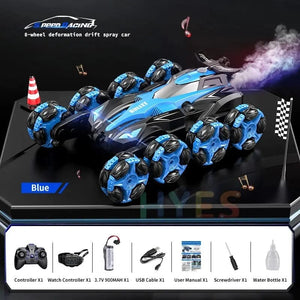 Planet Gates Blue Dual-mode New Eight Wheels RC Car Toys 2.4G Trendy Spray Twisting Flips Watch Remote Control Drift Stunt Car Toy Gifts For Children Adults