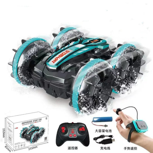 Planet Gates blue dual remote Remote Control Car Toys 2.4G Amphibious Stunt RC Cars Toy Double-sided Tumbling Drift Handle/Gesture Control Kids Electric Toys