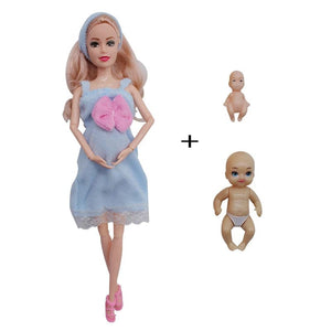 Planet Gates blue Educational Toy Pregnant Dolls for Children with Two Babies and Random Shoes Accessories Fashion Clothes Gift for Barbie Games