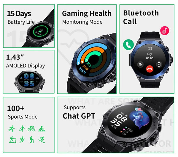 Planet Gates Blue-Fast Delivery / Mexico [World Premiere] Global Version Black Shark S1 Pro Smart watch 1.43'' AMOLED Wireless Charging 15 Days Battery Life NFC Chat GPT