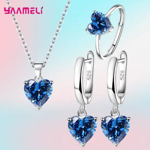 Planet Gates Blue Fine 925 Sterling Silver Color Jewelry Gift Sets for Women Female Romantic Heart Zircon Huggie Earrings Pendant Necklace Ring