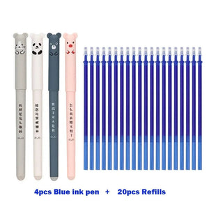 Planet Gates Blue Ink Set 4+20 Pcs/Set Kawaii Pig Bear Cat Erasable Gel Pen Refills Rods 0.35mm Blue Black Ink Washable Handle School Office Supplies Gift