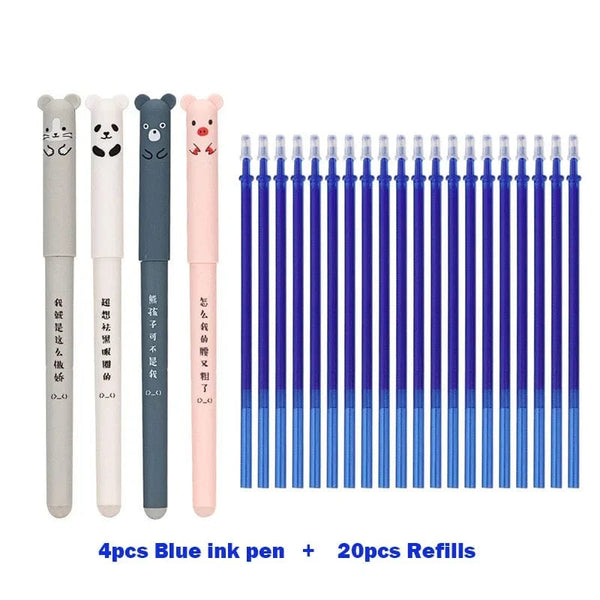 Planet Gates Blue Ink Set 4+20 Pcs/Set Kawaii Pig Bear Cat Erasable Gel Pen Refills Rods 0.35mm Blue Black Ink Washable Handle School Office Supplies Gift