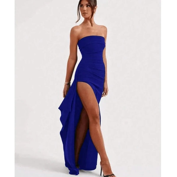 Planet Gates Blue / L 2024 Summer Slash Neck Strapless Party Evening Dress Casual Sleeveless High Slit Long Dress Elegant Backless Sexy Dress Vestidos