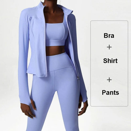 Planet Gates blue / L / CHINA 3Pcs Fitness Yoga Set Women Workout Athletic Clothing Long Sleeve Shirt Gym Bras High Waist Leggings Tights-Fitting Sportswear