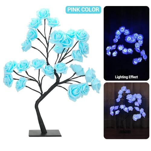 Planet Gates blue LED Rose Tree Desk Lamp USB Powered Artificial Flower Night Light Bedroom Living Room Party Wedding Valentine's Day Decoration