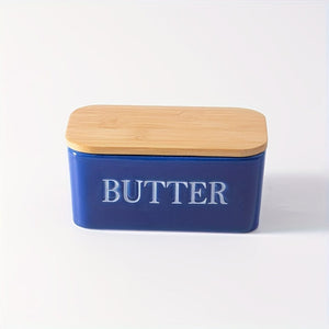 Planet Gates Blue (letter Without Knife) 1set Ceramic Butter Dish With Bamboo Lid And Knife, Large Butter Keeper Container For Counter, Airtight Butter Holder With Cover For Kitchen