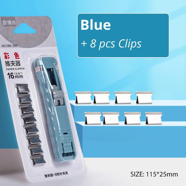 Planet Gates Blue Mini Traceless Reusable Hand Clamp Push Stapler Paper Book File Office School Student Binder Binding Tools Supplies Accessories