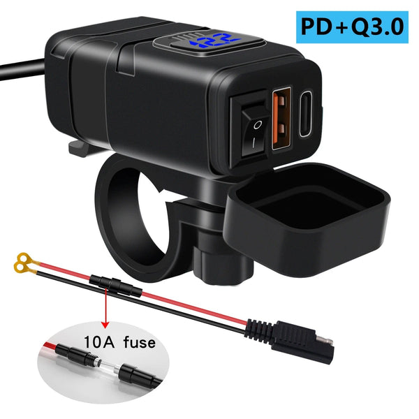 Planet Gates Blue Motorcycle Usb Fast Cell phone Charger Waterproof 12v Port Socket Connector With Cell Mobile Voltmeter Digital For Bike Moto