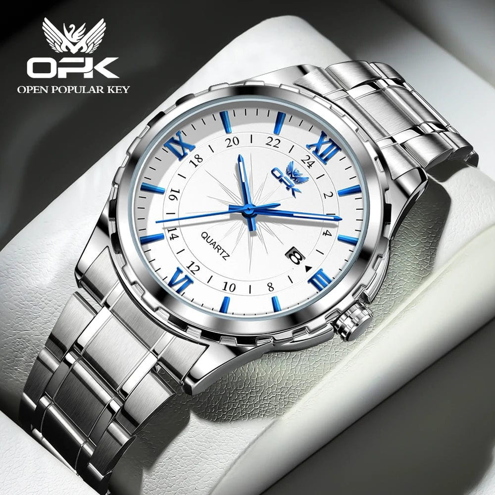 Planet Gates blue pointer OPK Brand Steel Belt Dual Calendar Men's Quartz Watch 6003