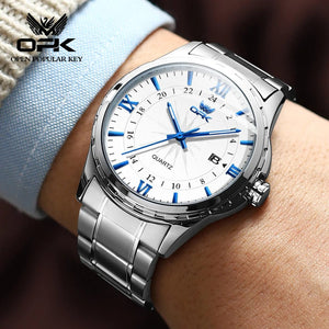 Planet Gates blue pointer OPK Brand Steel Belt Dual Calendar Men's Quartz Watch 6003