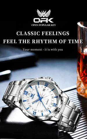 Planet Gates blue pointer OPK Brand Steel Belt Dual Calendar Men's Quartz Watch 6003