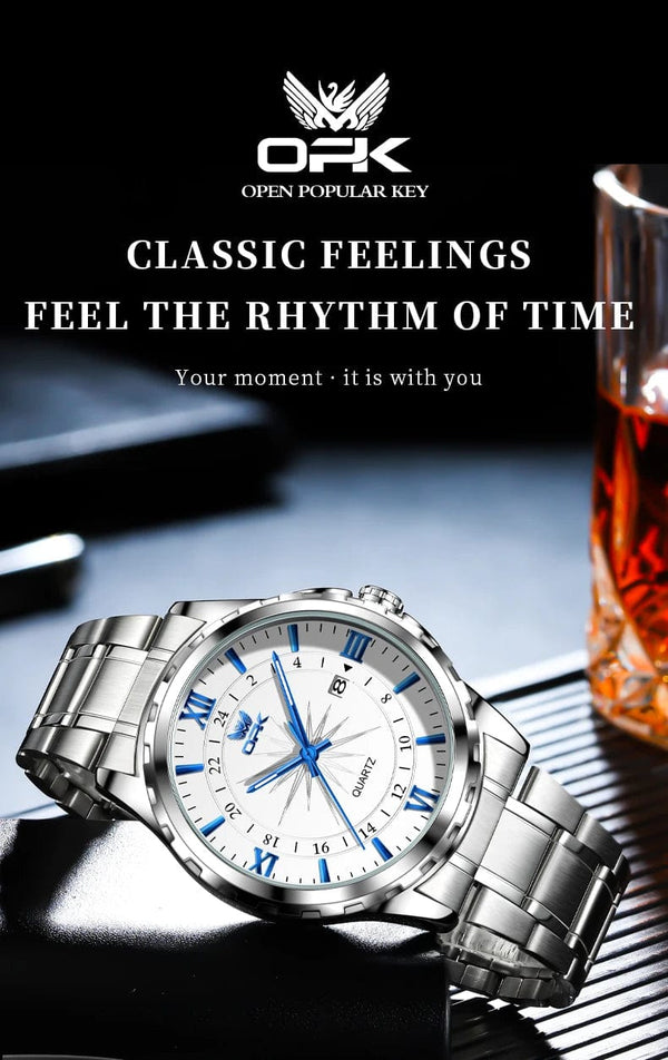 Planet Gates blue pointer OPK Brand Steel Belt Dual Calendar Men's Quartz Watch 6003