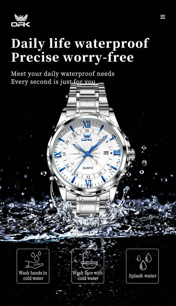 Planet Gates blue pointer OPK Brand Steel Belt Dual Calendar Men's Quartz Watch 6003