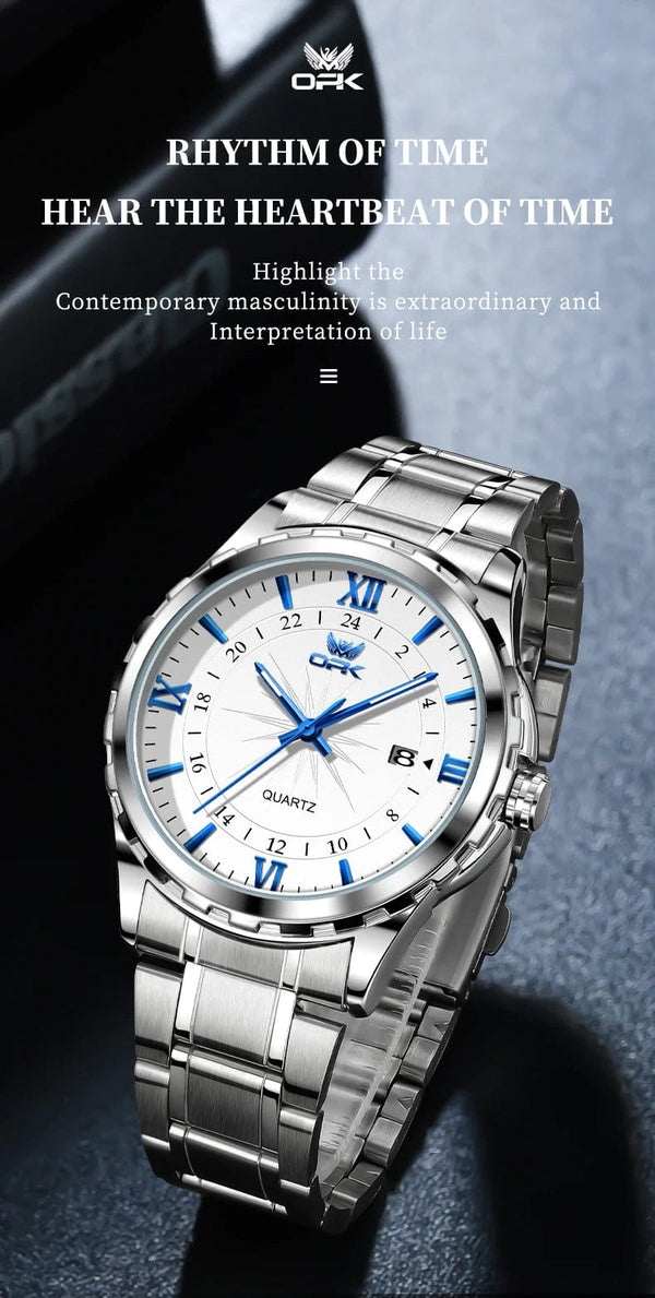 Planet Gates blue pointer OPK Brand Steel Belt Dual Calendar Men's Quartz Watch 6003