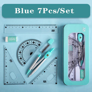 Planet Gates Blue Set A 7Pcs/lot Ruler Set Kawaii Geometric Drawing Eraser Kit Back To School Math Compass Set Office School Supplies 2022 Stationery