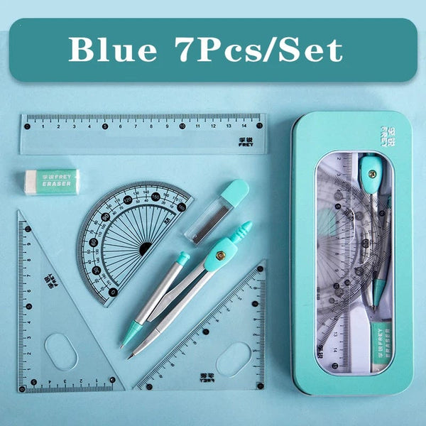 Planet Gates Blue Set A 7Pcs/lot Ruler Set Kawaii Geometric Drawing Eraser Kit Back To School Math Compass Set Office School Supplies 2022 Stationery