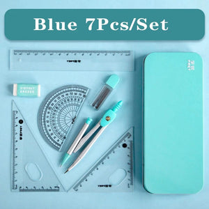 Planet Gates Blue Set B 7Pcs/lot Ruler Set Kawaii Geometric Drawing Eraser Kit Back To School Math Compass Set Office School Supplies 2022 Stationery