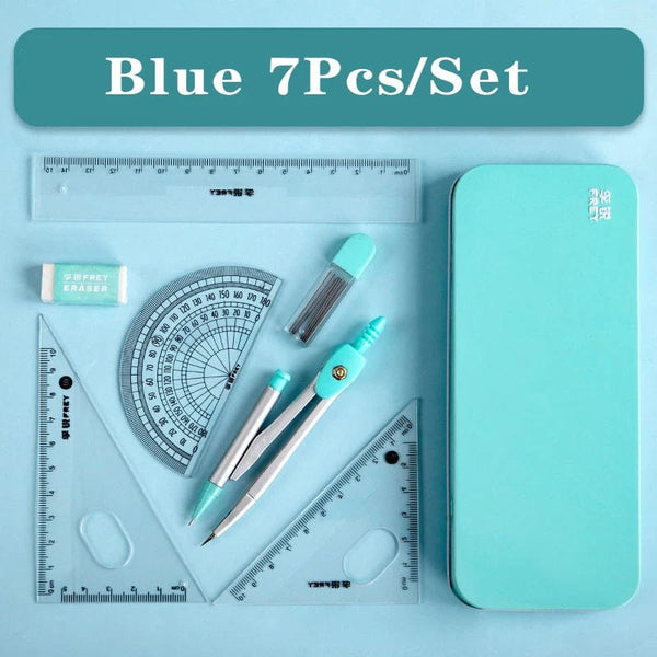 Planet Gates Blue Set B 7Pcs/lot Ruler Set Kawaii Geometric Drawing Eraser Kit Back To School Math Compass Set Office School Supplies 2022 Stationery