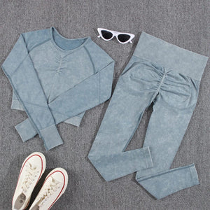 Planet Gates blue set / L NORMOV 2Pcs Gym Women Sets Seamless Yoga Set High Waist Gym Sportwear Push Up Sport Workout Sets Fitness Long Sleeve Gym Suit