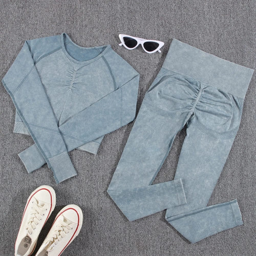 Planet Gates blue set / L NORMOV 2Pcs Gym Women Sets Seamless Yoga Set High Waist Gym Sportwear Push Up Sport Workout Sets Fitness Long Sleeve Gym Suit