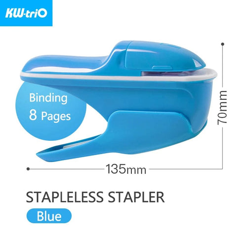 Planet Gates Blue Stapler KW-triO Stapleless Stapler Safe Paper Stapling Portable Plastic Stapler Without Staples Bind 8 Sheets of Paper Office Supplies