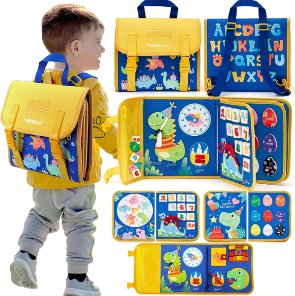 Planet Gates Blue Toddler Busy Board Montessori Toys Learning Educational Activities Travel Toy Dinosaur Dress up  Sensory Life Skill Backpack