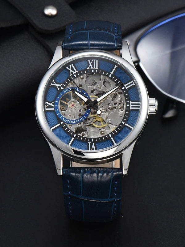 Planet Gates Blue white Man watch automatic movement rome skeleton wholesale automatic watch leathers waterproof LONGLUX mechanical wrist watches