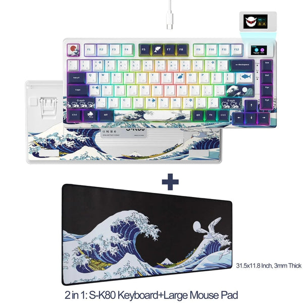 Planet Gates BLUE / White Switch womier SK80 Gasket Mounted Mechanical Keyboard  81 Key Gamer Keyboard 75% Hot Swap RGB Gaming Keyboard with Smart Display for PC