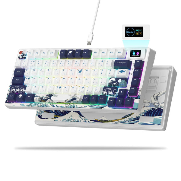 Planet Gates BLUE / White Switch womier SK80 Gasket Mounted Mechanical Keyboard  81 Key Gamer Keyboard 75% Hot Swap RGB Gaming Keyboard with Smart Display for PC