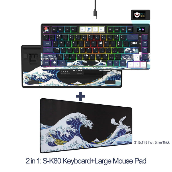 Planet Gates BLUE / White Switch womier SK80 Gasket Mounted Mechanical Keyboard  81 Key Gamer Keyboard 75% Hot Swap RGB Gaming Keyboard with Smart Display for PC