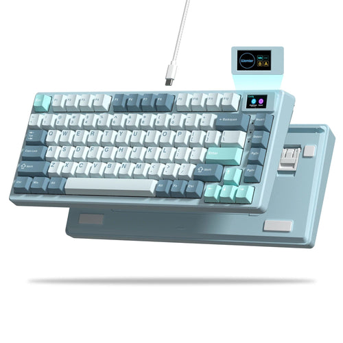 Planet Gates BLUE / White Switch womier SK80 Gasket Mounted Mechanical Keyboard  81 Key Gamer Keyboard 75% Hot Swap RGB Gaming Keyboard with Smart Display for PC