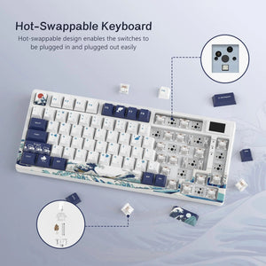 Planet Gates BLUE / White Switch womier SK80 Gasket Mounted Mechanical Keyboard  81 Key Gamer Keyboard 75% Hot Swap RGB Gaming Keyboard with Smart Display for PC