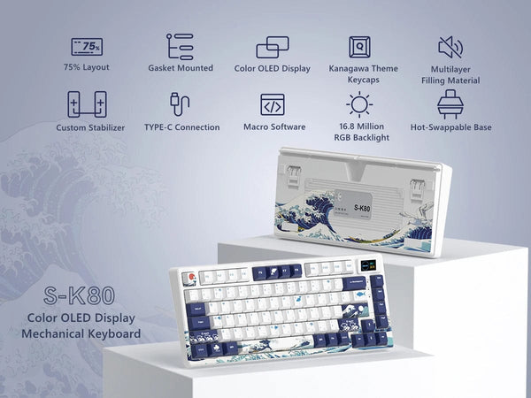 Planet Gates BLUE / White Switch womier SK80 Gasket Mounted Mechanical Keyboard  81 Key Gamer Keyboard 75% Hot Swap RGB Gaming Keyboard with Smart Display for PC