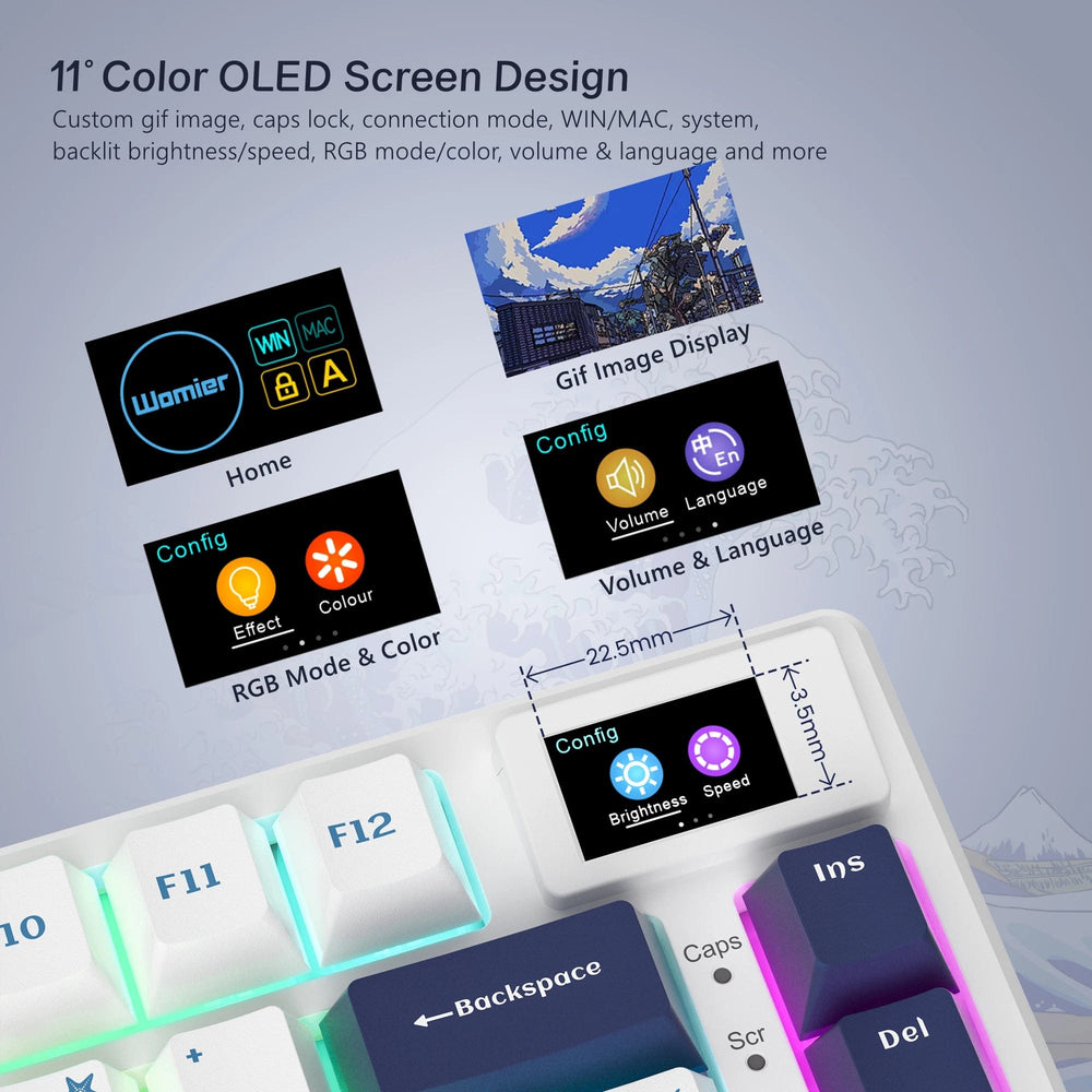 Planet Gates BLUE / White Switch womier SK80 Gasket Mounted Mechanical Keyboard  81 Key Gamer Keyboard 75% Hot Swap RGB Gaming Keyboard with Smart Display for PC