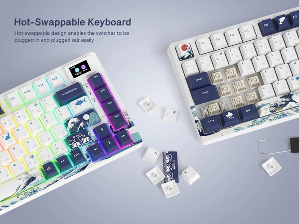 Planet Gates BLUE / White Switch womier SK80 Gasket Mounted Mechanical Keyboard  81 Key Gamer Keyboard 75% Hot Swap RGB Gaming Keyboard with Smart Display for PC